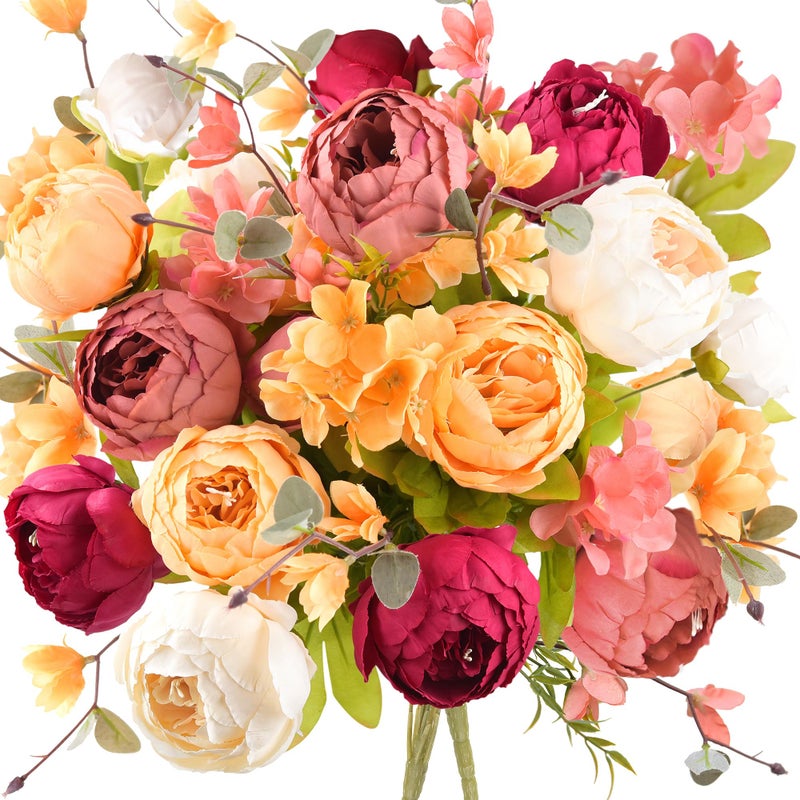 FiveSeasonStuff Artificial Peony Bouquets, 2 Silk Flower Bundles in Peach, Coral, Cream & Burgundy with Hydrangeas for Wedding Centerpieces & Home Decor (Country Delightful) - Image 1